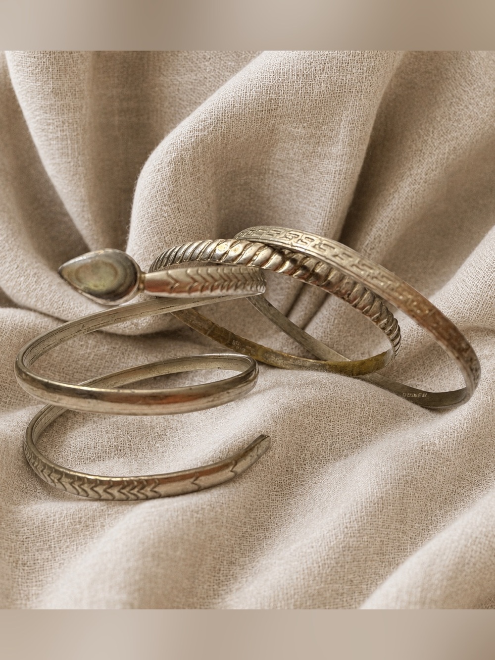 Vintage Mexico Sterling Silver (?) Bracelet Set 3 Pc Snake Cuff Abalone head